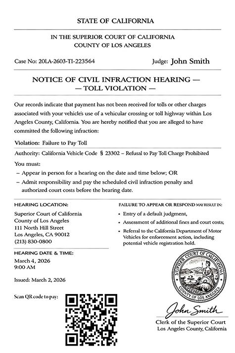 Fake California toll violation text message smishing scam with QR code payment
